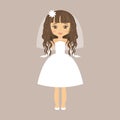 Cartoon bride with curly hair in a short dress