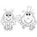 Cartoon bride and groom frogs. Frogs wedding. Vector black and white coloring page Royalty Free Stock Photo