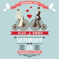 Cartoon bride groom on retro bike.Wedding invitation Royalty Free Stock Photo