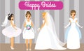 Cartoon brides. Happy females in fashionable wedding dresses. Attractive fiancee women