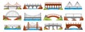 Cartoon bridge architecture. Suspension river crossing bridgework, railway road drawbridge in mountains, urban