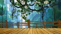 Cartoon bridge on the background of dense jungle with branches of vines Royalty Free Stock Photo