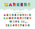 Cartoon bright font for kids. Glossy ABC letters and numbers. Paper cut out. Paint with markers colorful alphabet