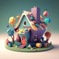 Cartoon bright house with trees, 3d. AI generative