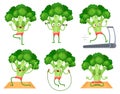 Cartoon broccoli character fitness. Vegetable doing exercises with dumbbells, running on treadmill and jumping