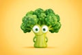 cartoon broccoli character, showcasing big, expressive eyes, set against a cheerful yellow backdrop. With its charming smile and Royalty Free Stock Photo