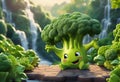 cartoon broccoli character in a sunny outdoor setting next to a waterfall Royalty Free Stock Photo