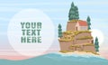 Cartoon brochure with a cliff covered with green grass, fir trees and a small house with a red roof. Beach and secluded sea coast. Royalty Free Stock Photo