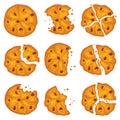 Cartoon broken cookies. Crunchy classic biscuits with chocolate chips, crumbly sweet tasty snacks, shortbreads bakery