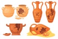 Cartoon broken pottery. Old cracked ceramic vases, history archeology urn for museum, ancient clay pots jar jug vessel