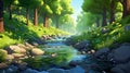 Cartoon brook in green bright summer forest