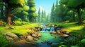 Cartoon brook in green bright summer forest