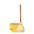 Cartoon broom with yellow plastic bucket .