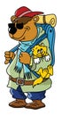 Cartoon brown bear goes to camping with his cat friend vector