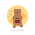 Cartoon brown bear holding honey pot. Royalty Free Stock Photo