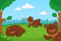 Cartoon brown bears in forest. Funny mammals in woodland clearing, wilde nature characters, big cave grizzly, wild