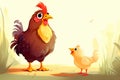 Cartoon Daddy rooster teaches little chick