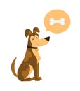 Cartoon brown dog sitting and thinking about the bone. dog in a funny style flat. Dear friend and pet. A pet with a large nose and