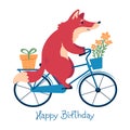 Happy birthay card with a fox on a bike carrying a present and flowers.
