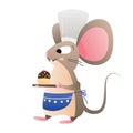 A cartoon brown mouse chef carries her dessert prepared by her