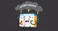 Cartoon browser window with a distressed expression stands under a storm cloud Royalty Free Stock Photo