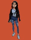 Cartoon woman in jeans and sneakers stands and looks puzzled