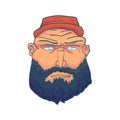 Cartoon Brutal Man Face with Beard and Red Hat. Vector