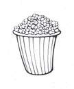 Cartoon bucket full of popcorn. Outline. Striped paper cup with junk snack. Symbol of the film industry and fast food.