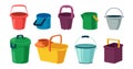 Cartoon bucket. Plastic and metal container with lid and handle for water. Open or closed tanks collection. Garbage cans