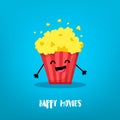 Cartoon bucket of popcorn laughing. Flat style. Vector card