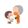 Cartoon Buddhist monks receive food from a boy.