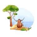 Cartoon buffalo relaxing on the beach watercolor illustration isolated on white.