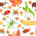 Cartoon bug pattern. Seamless print with insect characters and flowers. Butterfly and beetle with happy faces. Summer