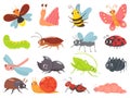 Cartoon bugs. Baby insect, funny happy bug and cute ladybug vector set Royalty Free Stock Photo