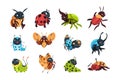Cartoon bugs. Cute happy ladybug caterpillar and butterfly with funny face emotions. Insect characters poses. Cheerful dynastinae