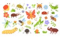 Cartoon bugs and plants. Insect characters with happy faces and colorful flowers. Caterpillar and snail mascots. Buzzing