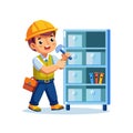 Cartoon builder constructing furniture with a hammer illustration vector Royalty Free Stock Photo