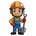 Cartoon builder cheerful worker in overalls with shovel, ready to construct Royalty Free Stock Photo