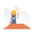 Cartoon builder holding up his index finger and giving advice. Worker builds a brick wall. Brickwork. Royalty Free Stock Photo