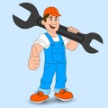 Cartoon builder, mechanic worker with a wrench, vector illustration. Royalty Free Stock Photo