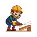 Cartoon builder using laser level on wooden frame project Royalty Free Stock Photo