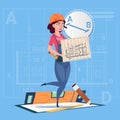 Cartoon Builder Woman Hold Plan Of Building Blueprint Wearing Uniform And Helmet Construction Worker Contractor