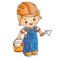 Cartoon builder or worker with cement mortar and trowel. Profession. Colorful vector illustration for kids