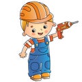 Cartoon builder or worker with drill. Profession. Colorful vector illustration for kids