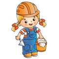 Cartoon builder or worker girl with cement mortar and trowel. Profession. Colorful vector illustration for kids