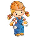 Cartoon builder or worker girl with cement mortar and trowel. Profession. Colorful vector illustration for kids