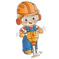 Cartoon builder or worker with jackhammer. Profession. Colorful vector illustration for kids