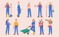 Cartoon builders, construction workers in uniform. Builder female and male characters holding shovel, roller and