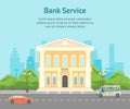 Cartoon Building Bank on a City Landscape Background Card Poster. Vector