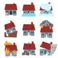 Cartoon Building Disasters Destruction Icons Set. Vector